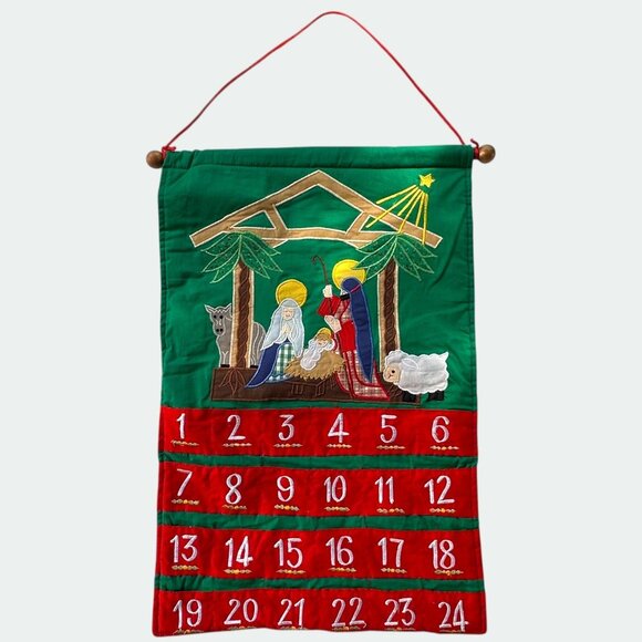 Vintage Nativity Scene Fabric Advent Calendar With Pockets & Red Hanging Cord - Picture 1 of 9